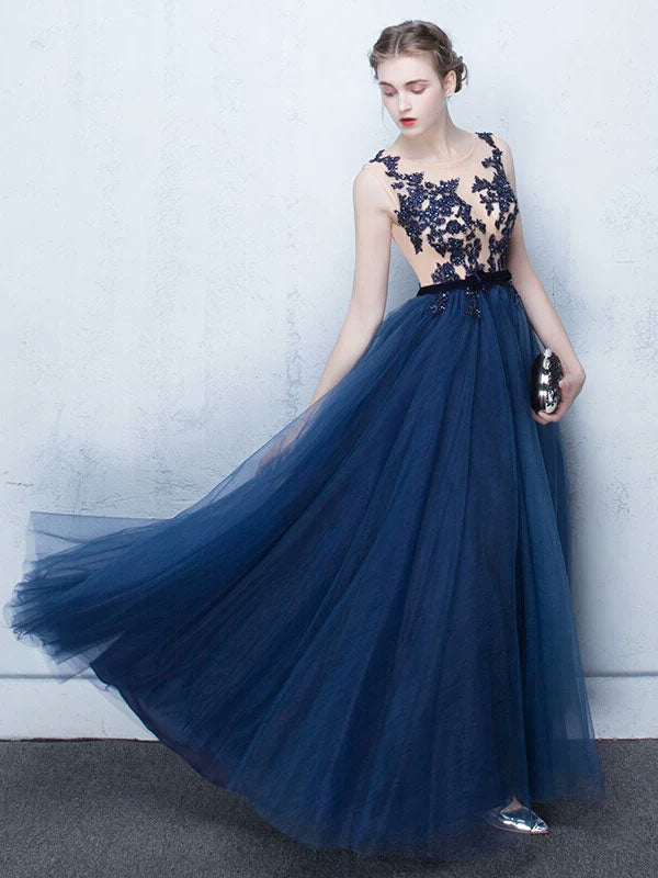 Stunning Dark Navy Evening Dresses Long Tulle Evening Dress Lace Illusion Floor-Length Formal Dress