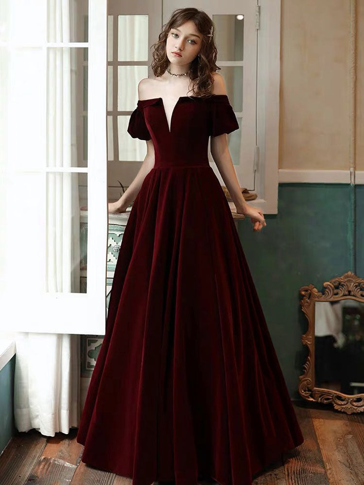 Stunning Evening Dress A-Line Off-the-Shoulder Short Sleeves Floor-Length Laceup Pockets Velour Formal Dinner Dresses