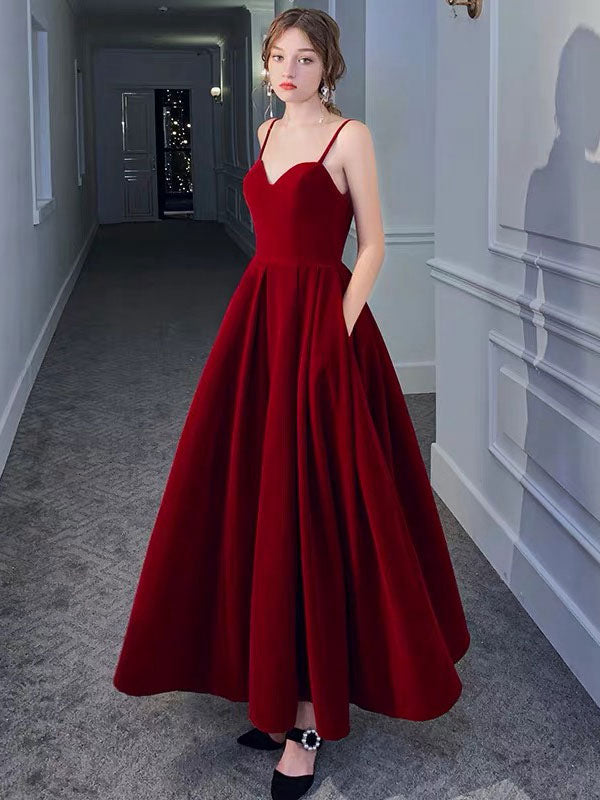 Stunning Evening Dress A-Line Sweetheart Neck Velour Floor-Length Pockets Formal Party Dresses