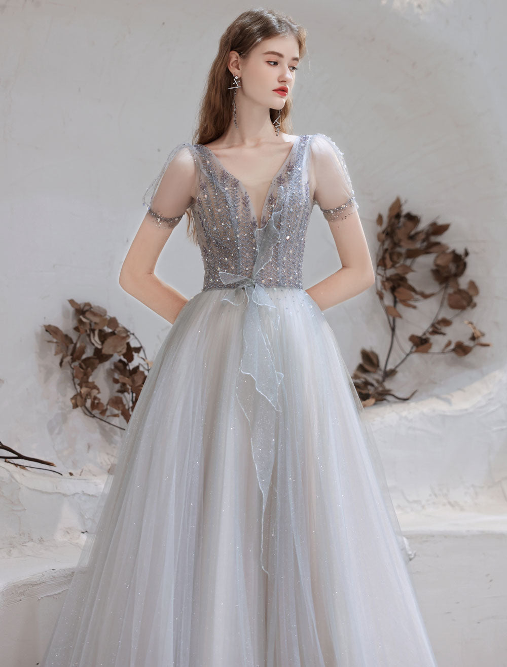 Stunning Evening Dress Light Grey A-Line Bateau Neck Floor-Length Social Party Dresses Pageant Dress