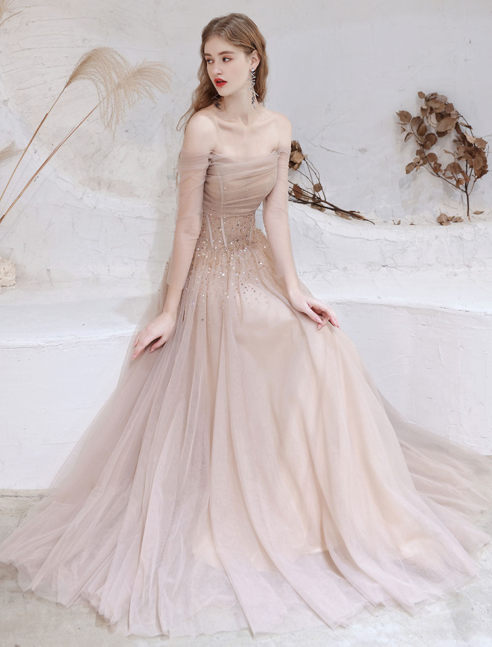 Stunning Evening Dress Nude Color A-Line Bateau Neck Floor-Length Sequins Formal Party Dresses Pageant Dress