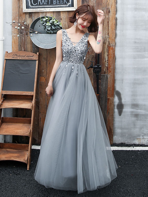 Stunning evening dress V-Neck A-Line Sleeveless Floor-Length Wedding Guest Dresses