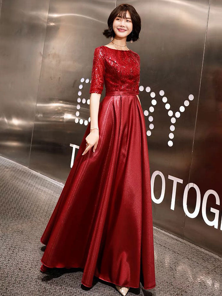 Stunning Evening Dresses Burgundy Half Sleeve Sequin Satin Floor-Length Long Prom Gown