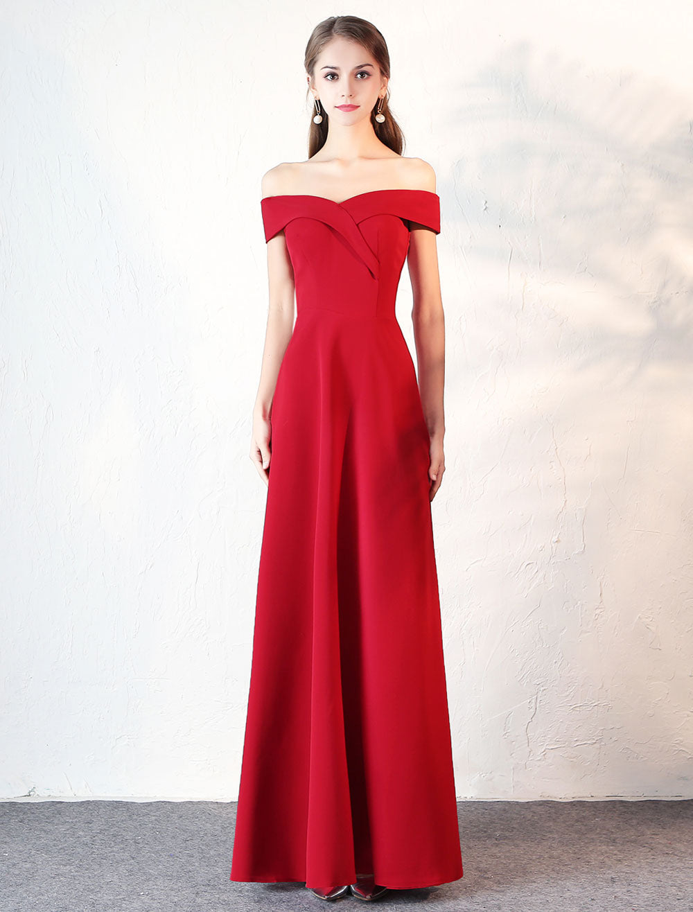 Stunning Evening Dresses Burgundy Off-the-Shoulder evening dress Satin Floor-Length Formal Party Dress wedding guest dress