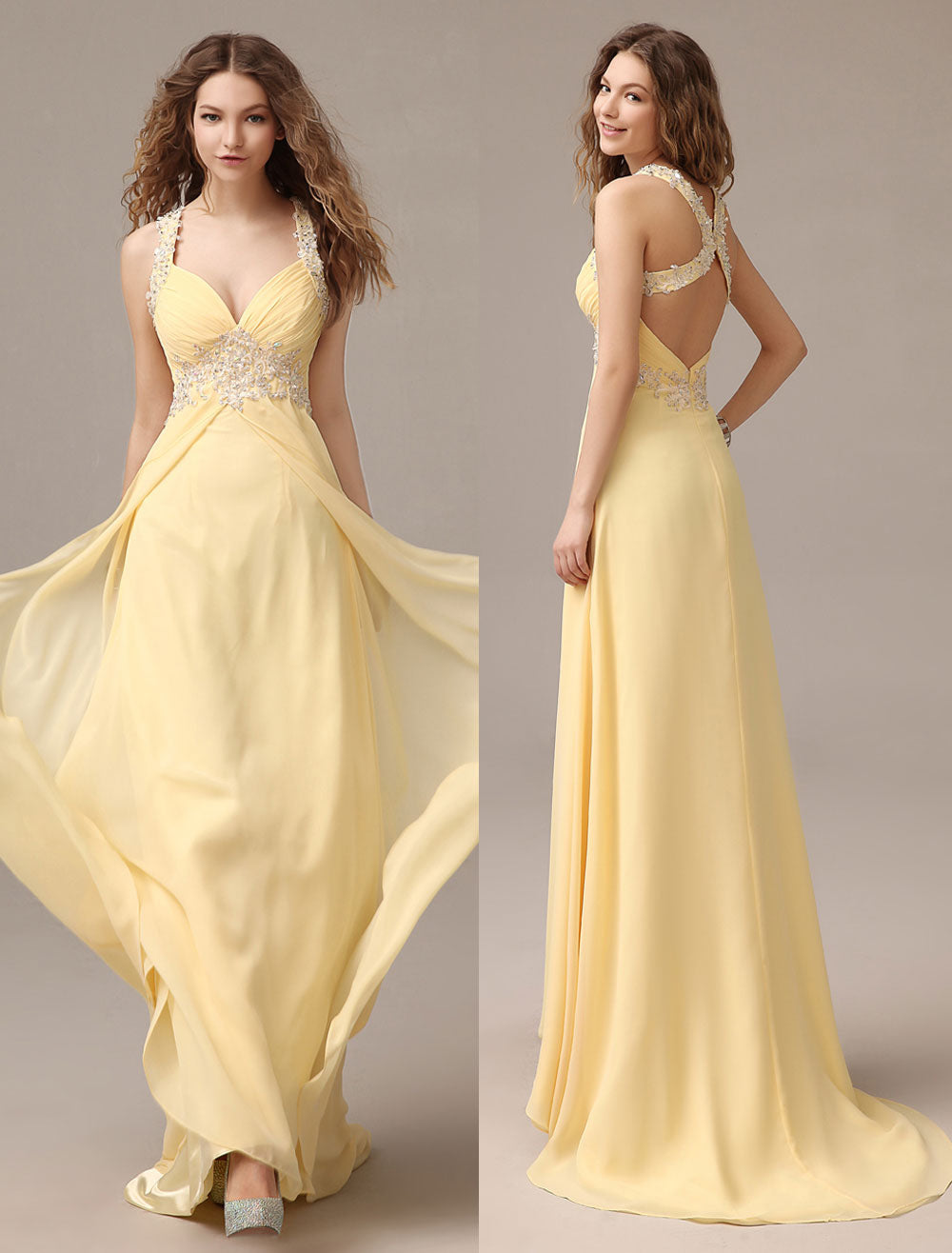 Stunning Evening Dresses Long Chiffon Daffodil Applique Beaded Evening Gown Back Design Sleeveless Formal Party Dresses With Train