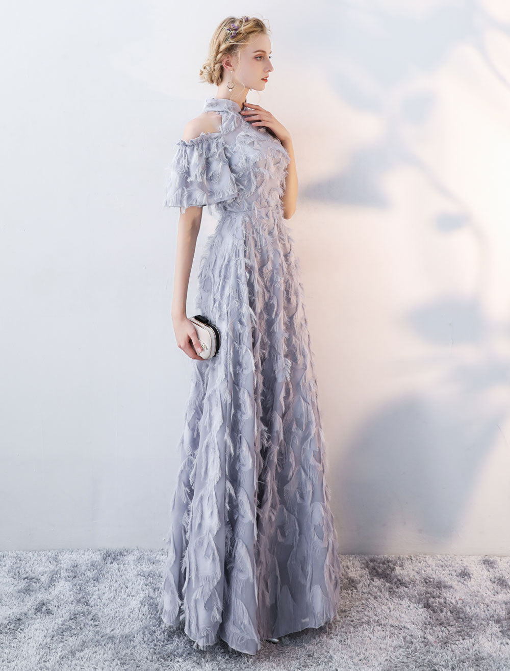 Stunning Evening Dresses Long Light Grey Cold Shoulder Evening Dress Lace Stand Collar Floor-Length Formal Dress