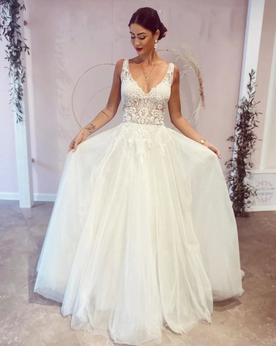 Stunning Long A-Line V-neck Backless Wedding Dress With Appliques Lace (ZD14315)