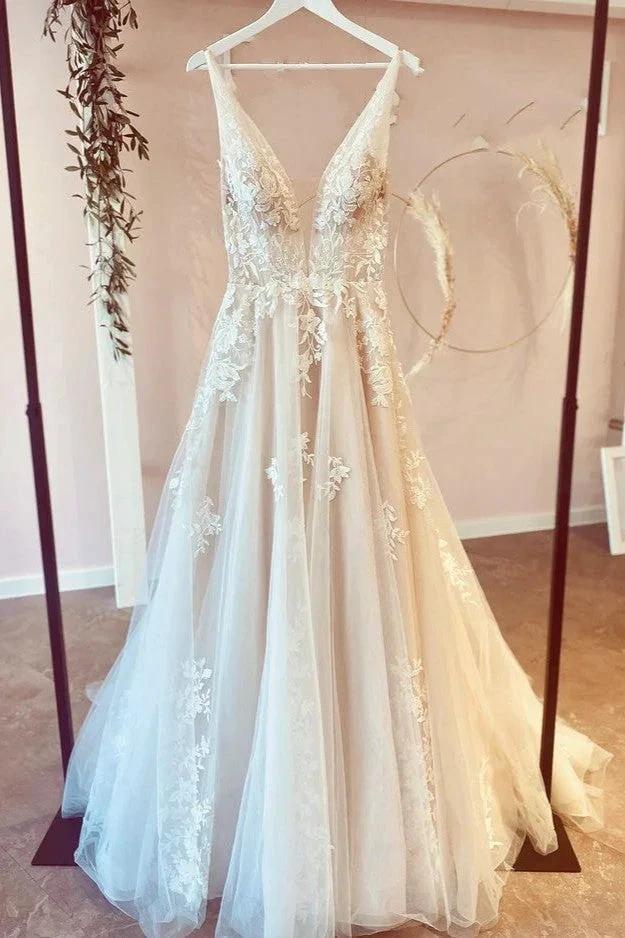 Stunning Long A-Line V-neck Tulle Floral Lace Wedding Dress (ZD15207)