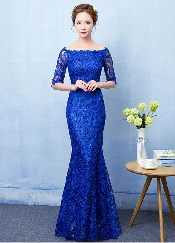 Stunning Mermaid Evening Dress Royal Blue Lace evening dress Off-the-Shoulder Half Sleeve fishtail Maxi Party Dress wedding guest dress