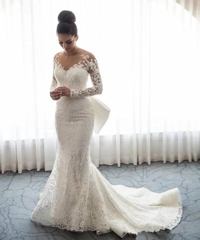 Stunning Mermaid Lace Bowknot Wedding Bride Dress Detachable Overskirt Sleeve Bridal Dress (ZD13800)