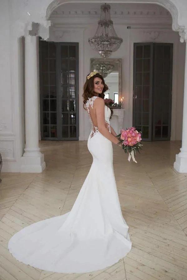 Stunning Mermaid Sleeveless Lace Wedding Dress Zipper Button (ZD16292)