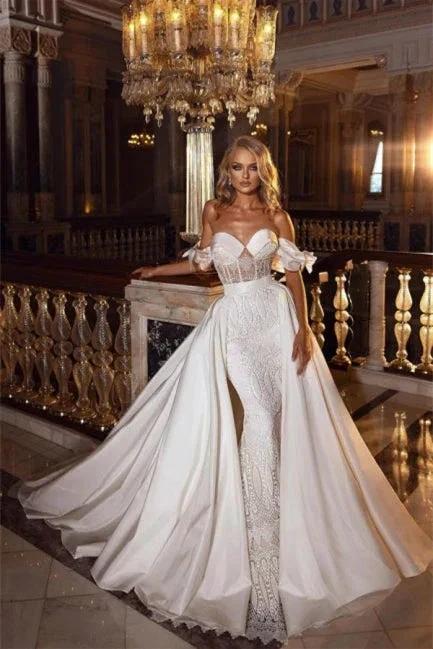 Stunning Off Shoulder White Floral Mermaid Slim Wedding Gowns Sweetheart Long Bridal Dress with Detachable Tail (ZD13896)