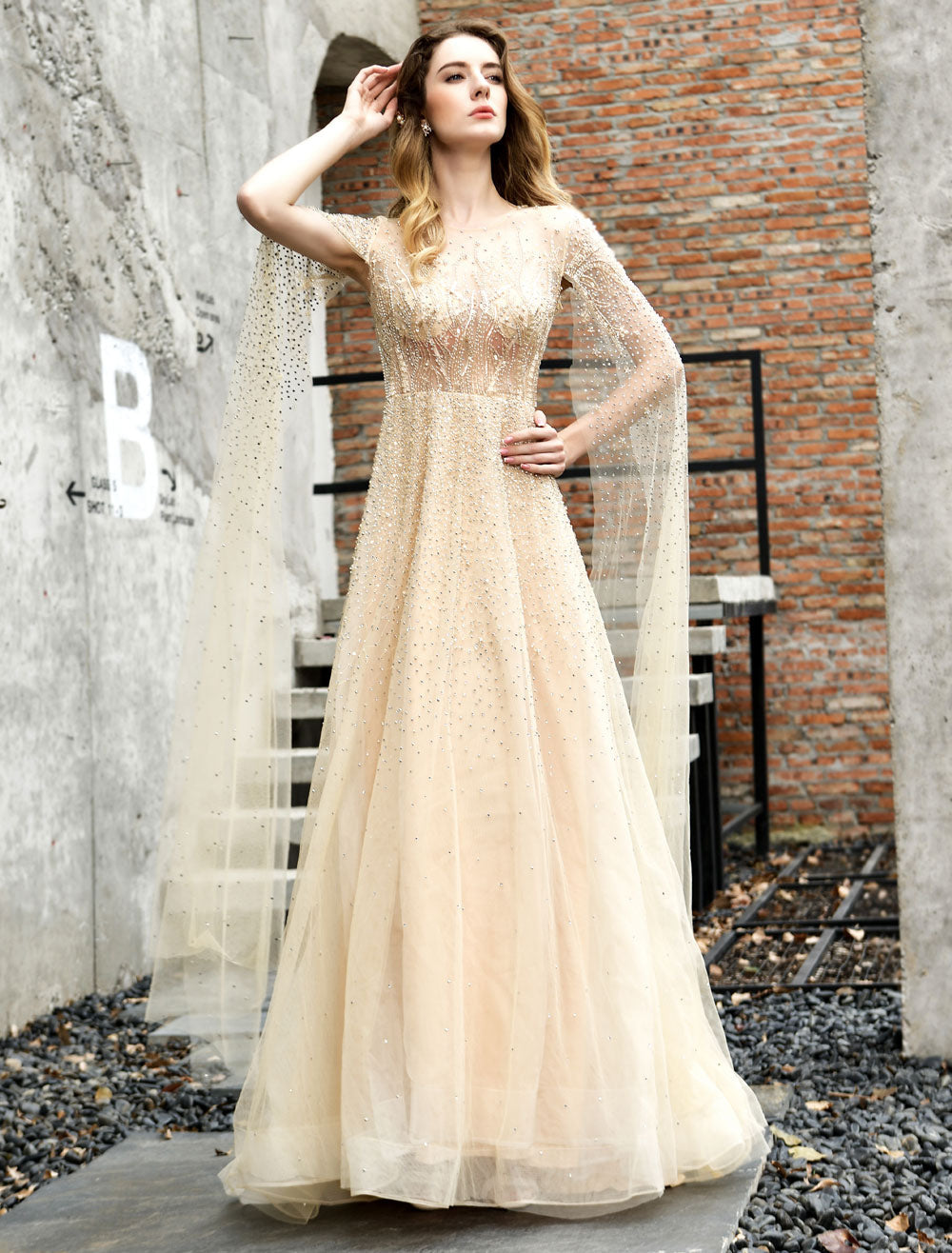 Stunning Wedding Dresses A-Line Sweep Short Sleeves Beaded Jewel Neck Tulle Bridal Dresses