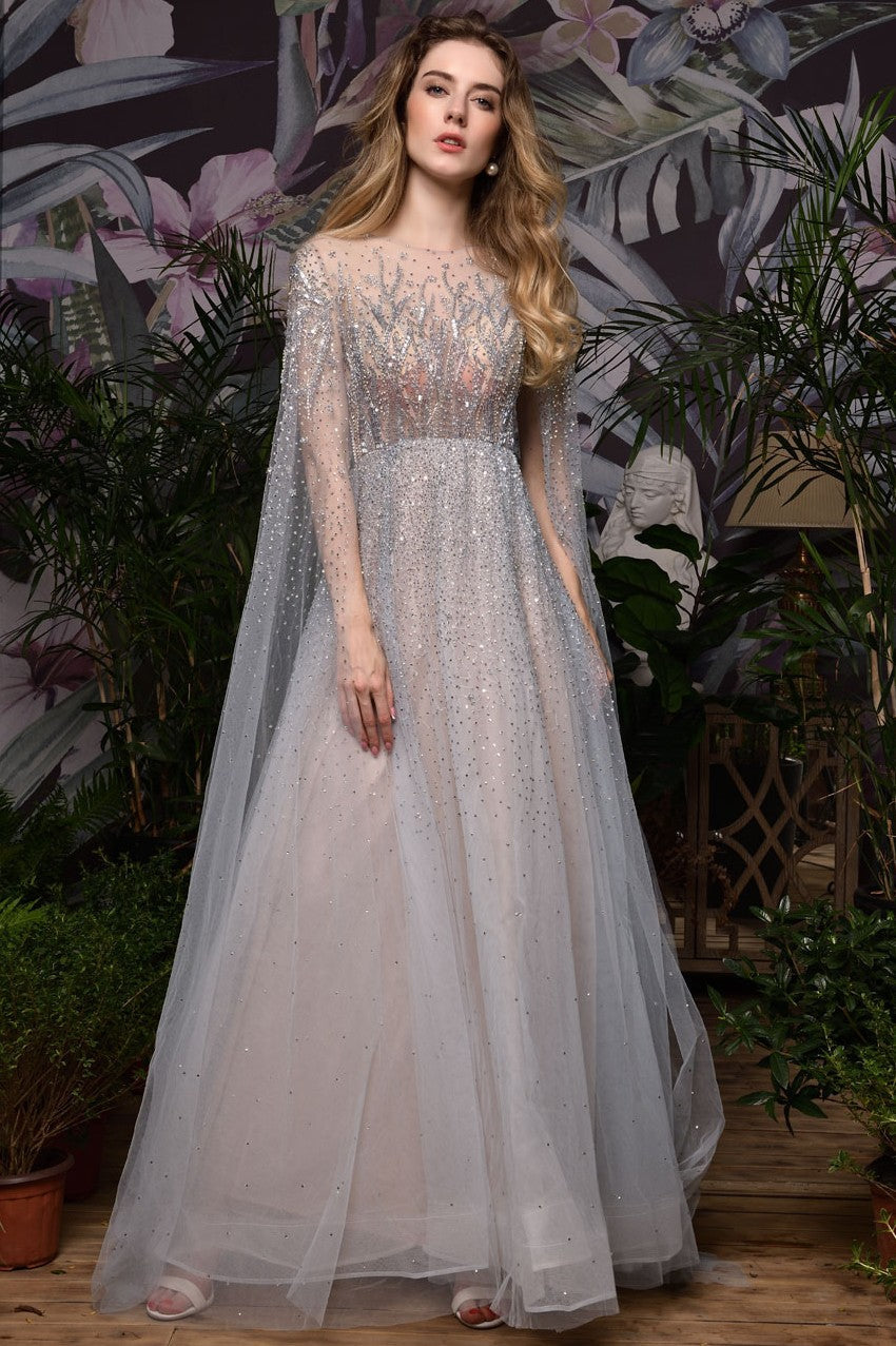 Stunning Wedding Dresses A-Line Sweep Short Sleeves Beaded Jewel Neck Tulle Bridal Dresses