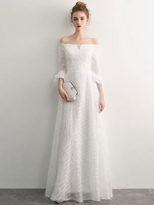 Stunning White Evening Dresses Long Off-the-Shoulder Long Sleeve Maxi Formal Evening Gowns
