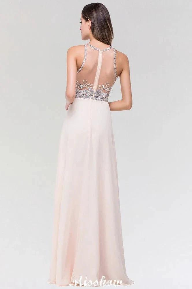Stylish A-Line Chiffon Tulle Scoop Sleeveless Floor-Length Bridesmaid Dress with Beadings (ZD12917)