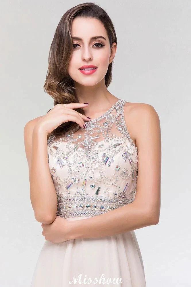 Stylish A-Line Chiffon Tulle Scoop Sleeveless Floor-Length Bridesmaid Dress with Beadings (ZD12917)