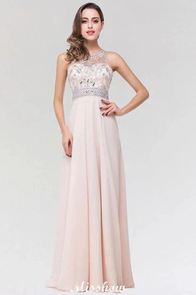 Stylish A-Line Chiffon Tulle Scoop Sleeveless Floor-Length Bridesmaid Dress with Beadings by misshow.com