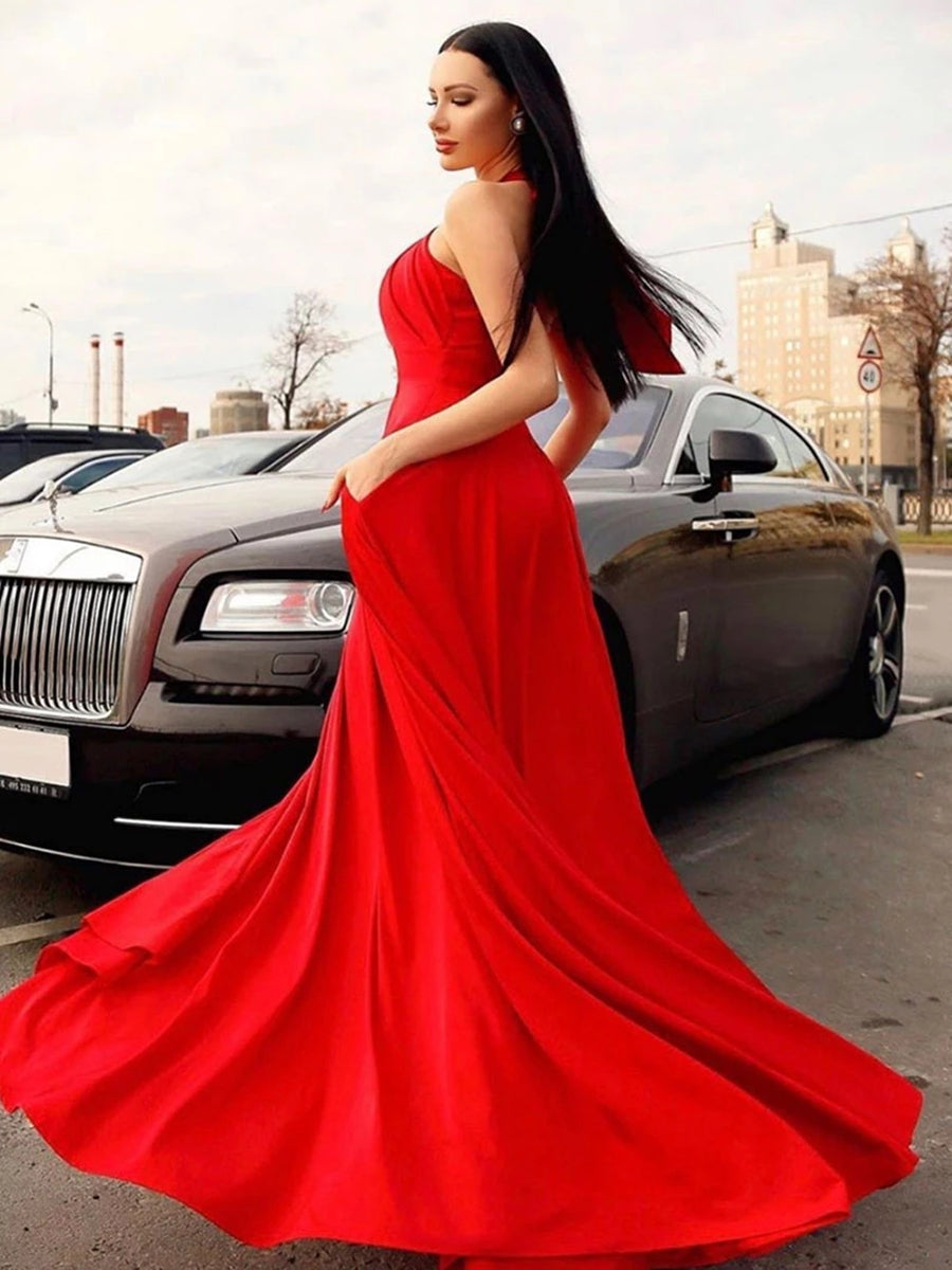 Stylish A-line Halter Red Long Prom Formal Dresses with Pockets - View 3 | VelvetHem