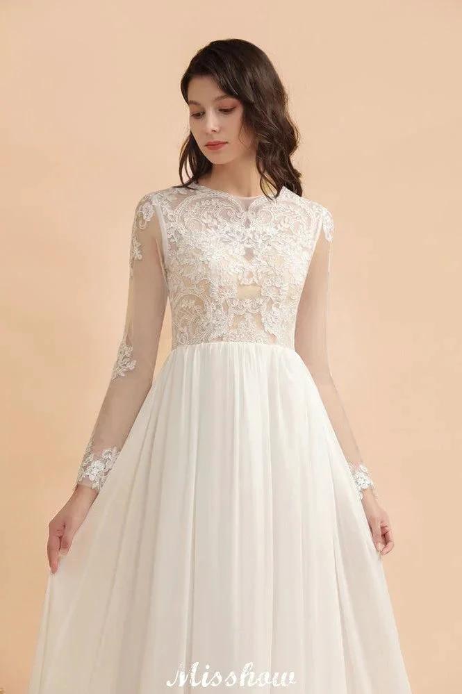 Stylish Crew Neck Lace Appliques Wedding Dress Long Sleeve Chiffon Simple Bridal Gown (ZD13988)