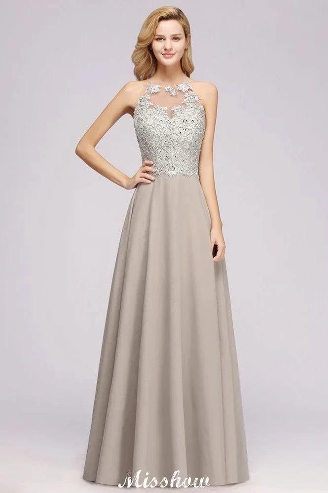 Stylish Floral Appliques Sleeveless Evening Party Gown Aline Silver Chiffon Long Bridesmaid Dress (ZD12887)