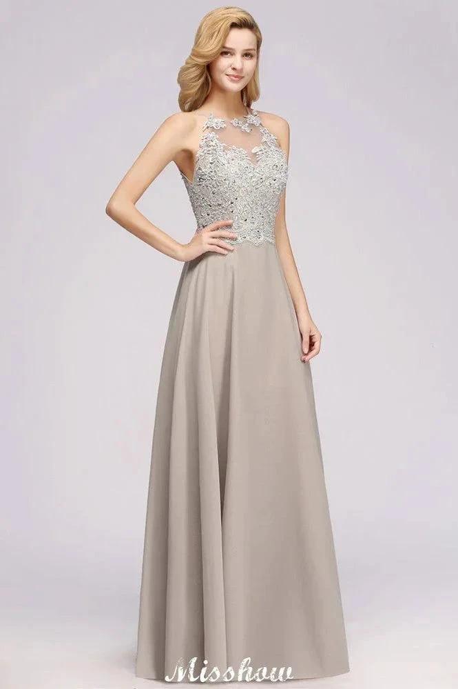 Stylish Floral Appliques Sleeveless Evening Party Gown Aline Silver Chiffon Long Bridesmaid Dress (ZD12887)