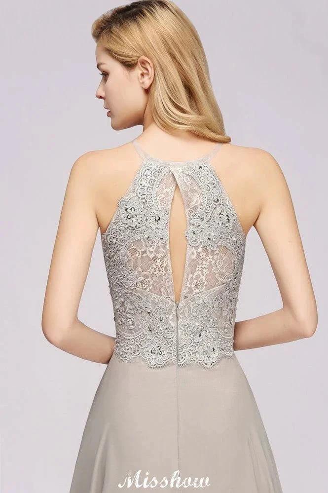 Stylish Floral Appliques Sleeveless Evening Party Gown Aline Silver Chiffon Long Bridesmaid Dress (ZD12887)