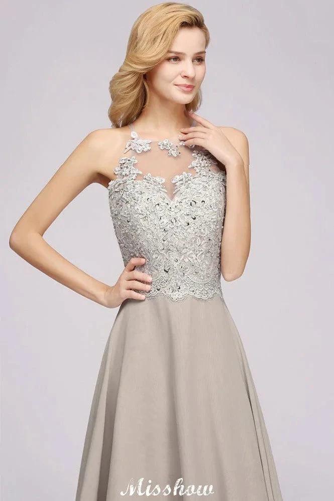 Stylish Floral Appliques Sleeveless Evening Party Gown Aline Silver Chiffon Long Bridesmaid Dress (ZD12887)