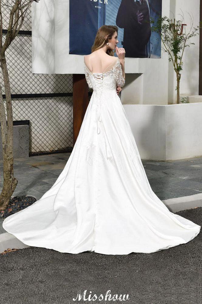 Stylish Lace Appliques Half Sleeves Aline Wedding Dress Floor Length Satin Dress for Bride by misshow.com