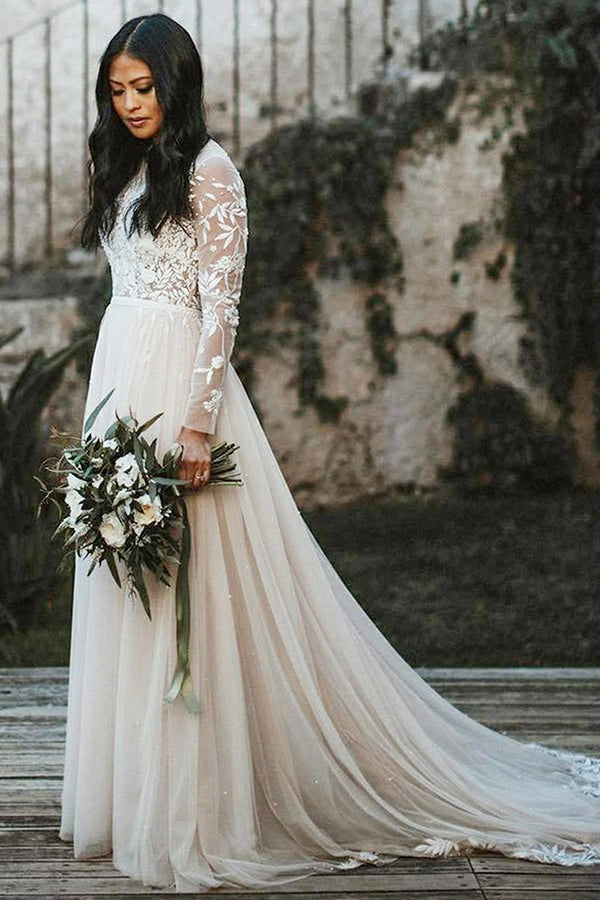 Stylish Long Sleevess Aline Wedding Dress Chiffon Bridal Gown Floor-Length