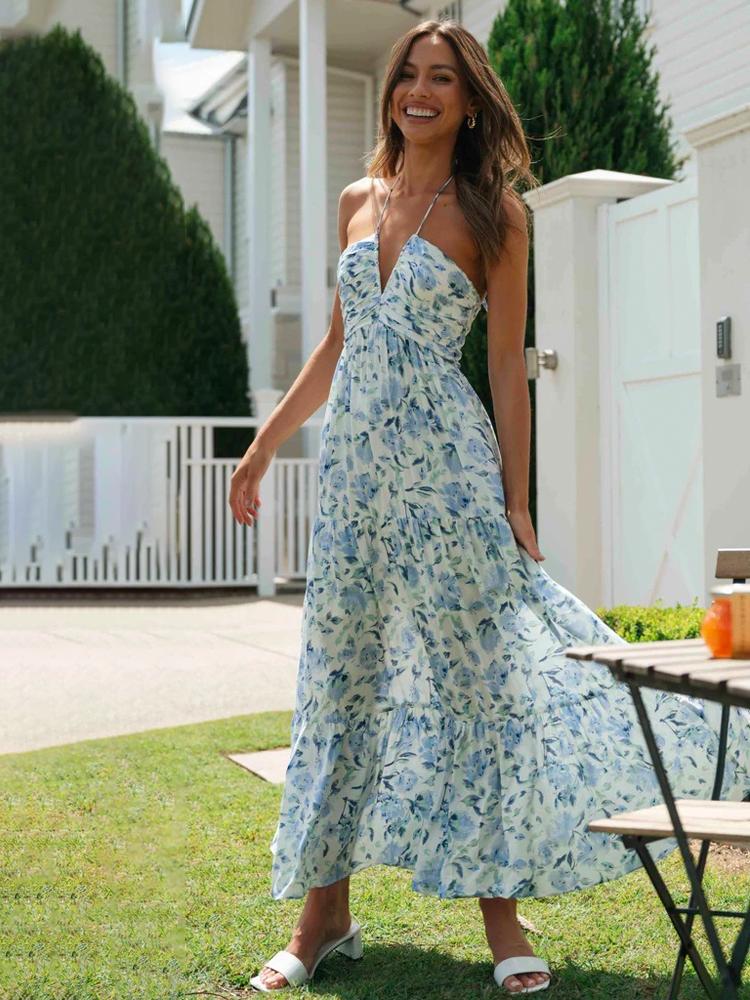 Blanca Elevated Halterneck Maxi Summer Dress with Floral Print Evening Wear Edit
