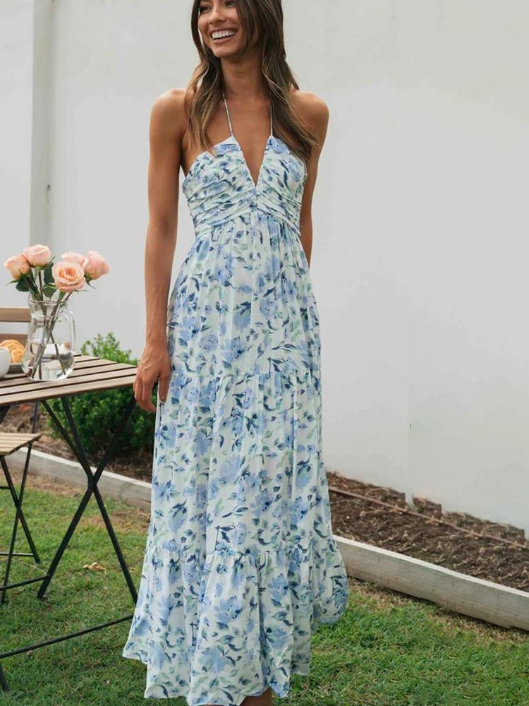 Blanca Elevated Halterneck Maxi Summer Dress with Floral Print Evening Wear Edit