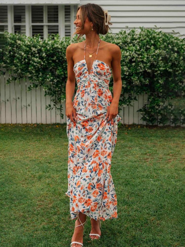 Blanca Elevated Halterneck Maxi Summer Dress with Floral Print Evening Wear Edit