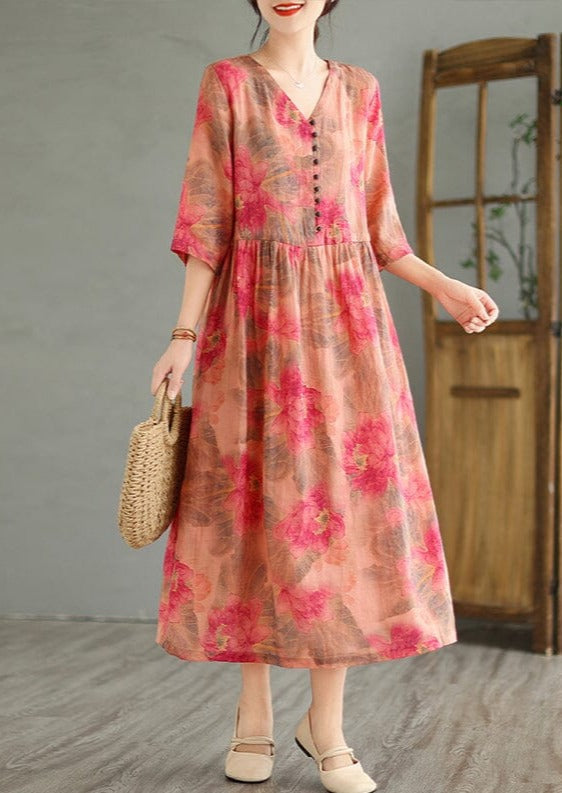 Casual Loose Retro Red Flower Print V-Neck Linen Dress