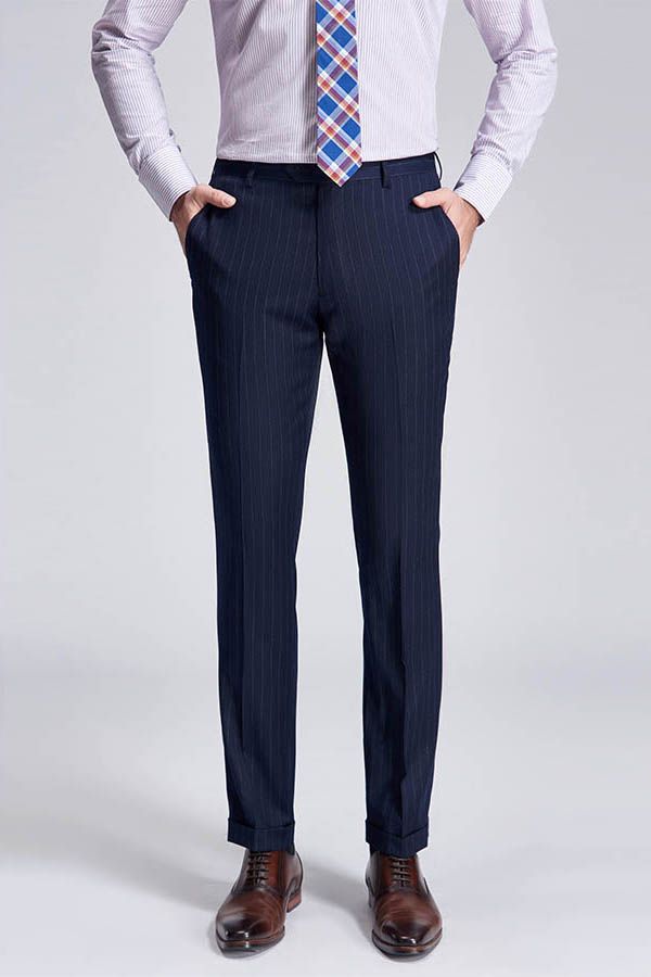 Superior Peak Lapel Double Breasted Mens Suits Pinstripe Dark Navy Suits for Men Formal