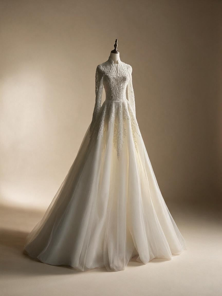 Luxury Sequin Pearl Long Sleeve Ball Gown Wedding Dress - VelvetHem