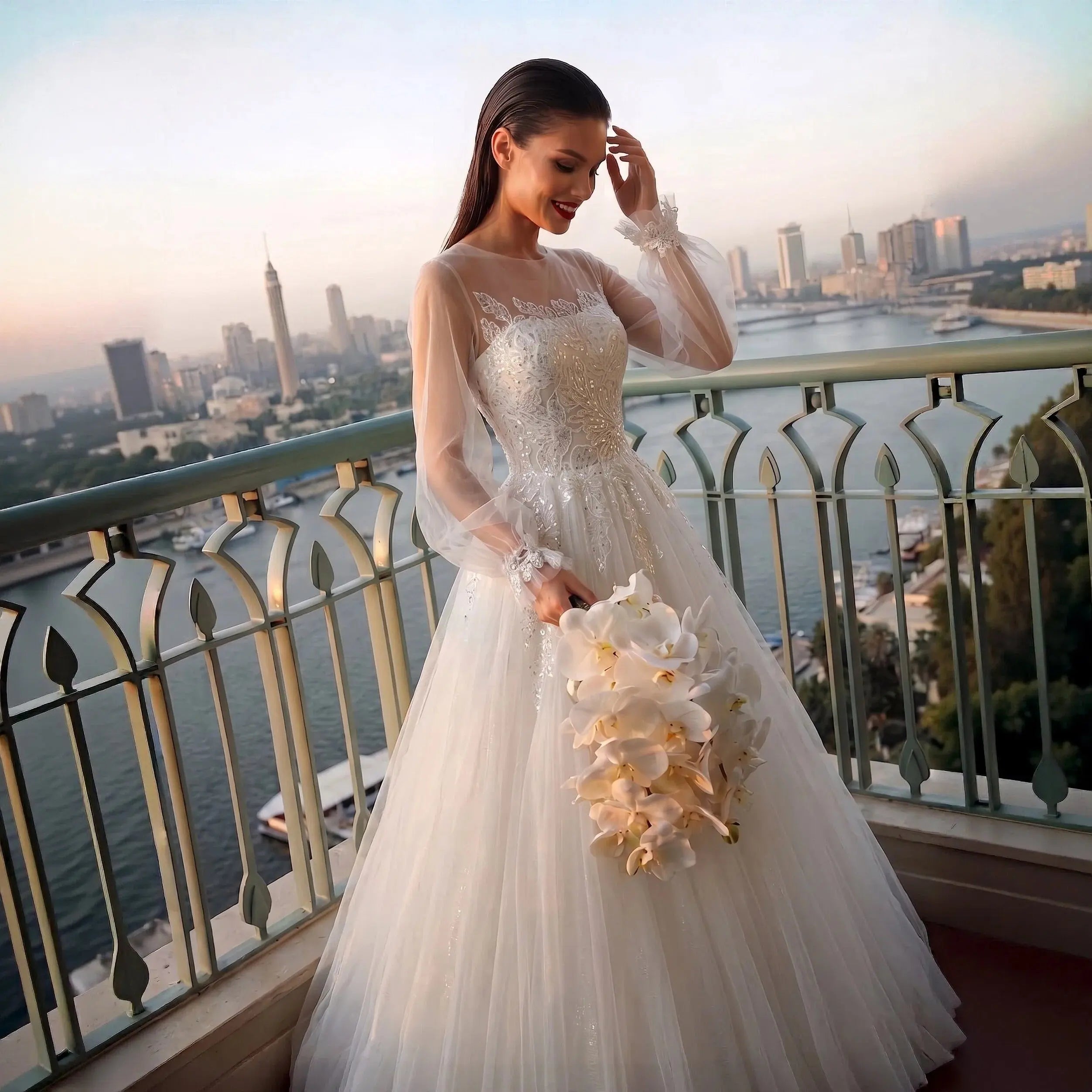 Elegant White Long Sheer Sleeve A-Line Tulle Wedding Dress with Lace Appliqués ZP057