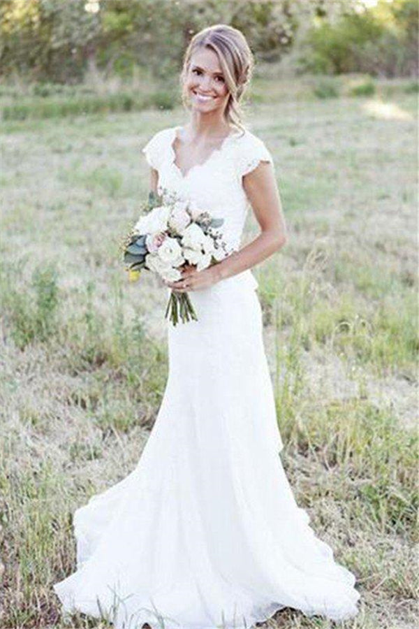 Sweep Train A-Line Lace V-Neck Tulle Sleeveless Wedding Dresses