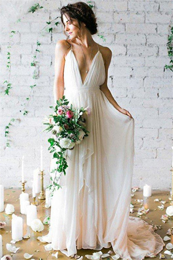 Sweep Train A-Line Sleeveless Ruffless Chiffon Spaghetti Straps Wedding Dresses
