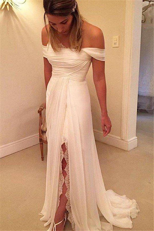 Sweep Train Chiffon A-Line Ruffless Off-the-Shoulder Sleeveless Wedding Dresses