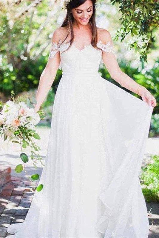 Sweep Train Chiffon Sleeveless Applique Lace Off-the-Shoulder Wedding Dress (ZD13854)