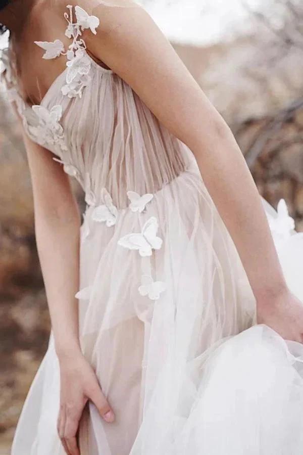 Sweet A-line V Neck Open Back Tulle Ivory Wedding Dresses with Appliques (ZD15297)
