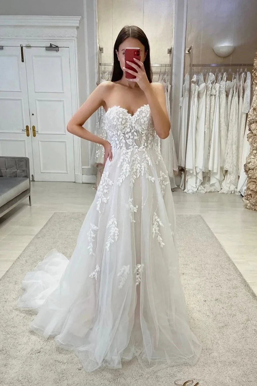 Sweetheart A-line Sleeveless Appliques Tulle Wedding Dress With Lace (ZD14557)