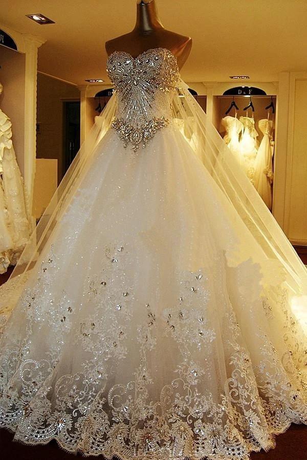 Sweetheart Ball Gown Watteau Train Wedding Dress with Appliques Beading WD022 by pgmdress