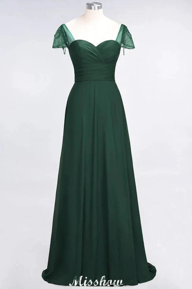 Sweetheart Cap-Sleeves Ruffle Floor-Length Bridesmaid Dress with Beadings Moher if the Bride Dresses by misshow.com