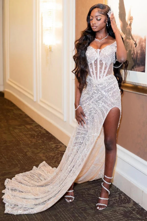 Sweetheart Ivory Mermaid High Split Court Train Sparkle Prom Dresses