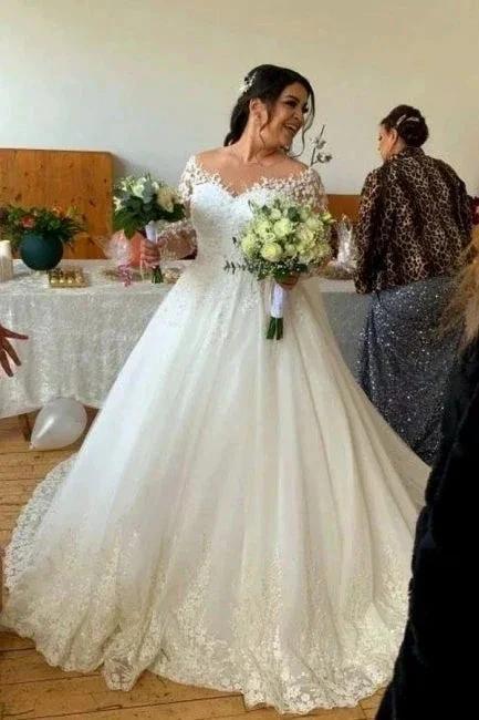 Sweetheart Long-Sleeve A-Line Tulle Wedding Dresses with Lace (ZD14657)