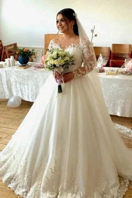 Sweetheart Long-Sleeve A-Line Tulle Wedding Dresses with Lace (ZD14657)