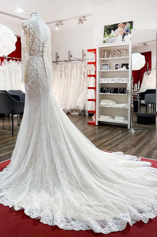 Sweetheart Long Sleeves Tulle Ivory Mermaid Wedding Dresses (ZD17499)