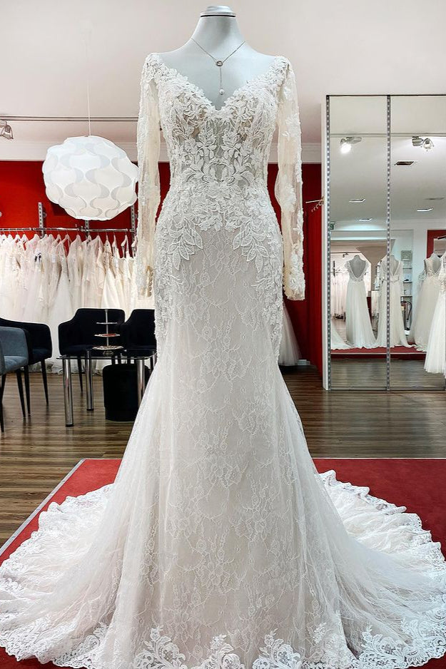 Sweetheart Long Sleeves Tulle Ivory Mermaid Wedding Dresses (ZD17499)